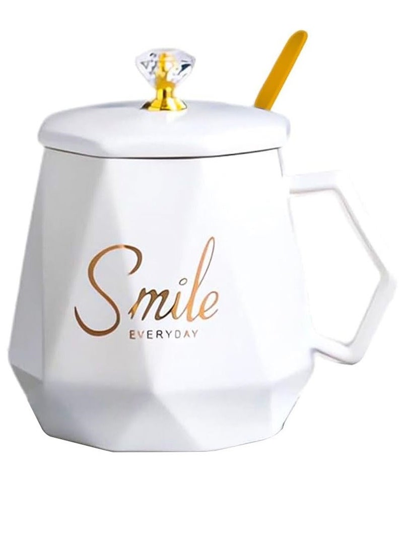 UKR UKR Smile Premium Coffee & Tea Mug with Spoon and Lid | Ceramic Water Cup for Office & Home | Stylish Personality Mug in White | Durable Hot & Cold Beverage Mug for Daily Use - Image 1
