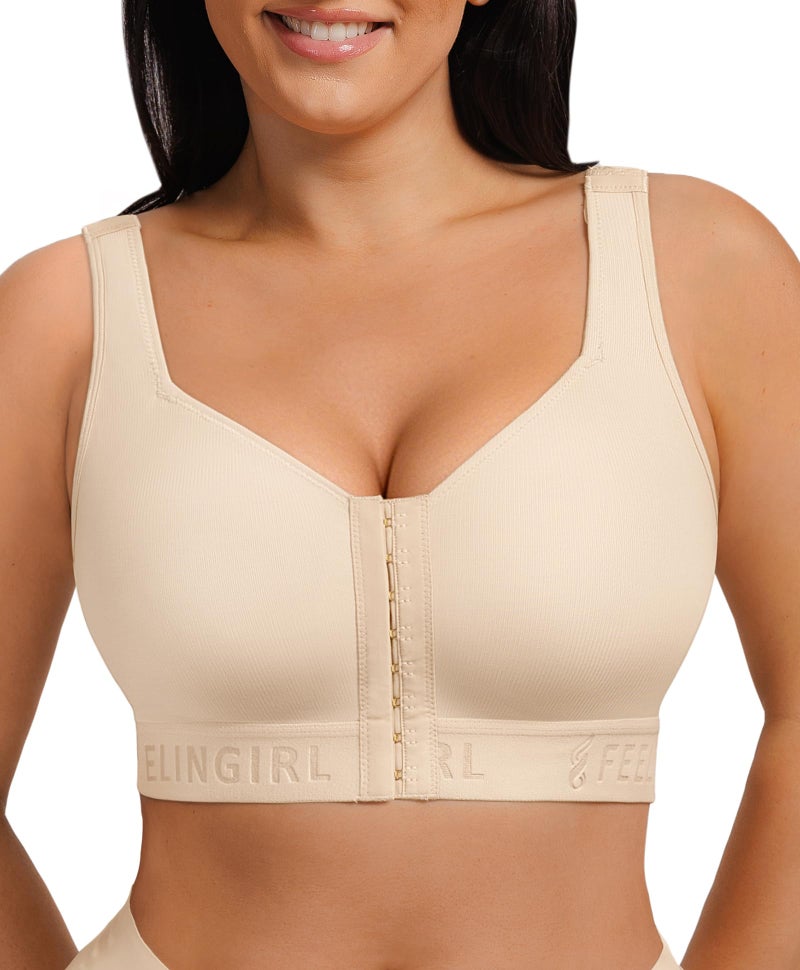FeelinGirl Front Closure Bra for Women Post Surgery Mastectomy Recovery Wireless Comfort Bra with Adjustable Straps Beige M - Image 1