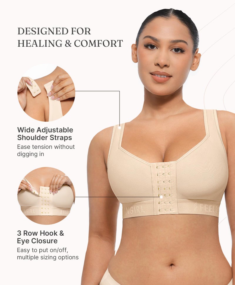 FeelinGirl Front Closure Bra for Women Post Surgery Mastectomy Recovery Wireless Comfort Bra with Adjustable Straps Beige M - Image 3