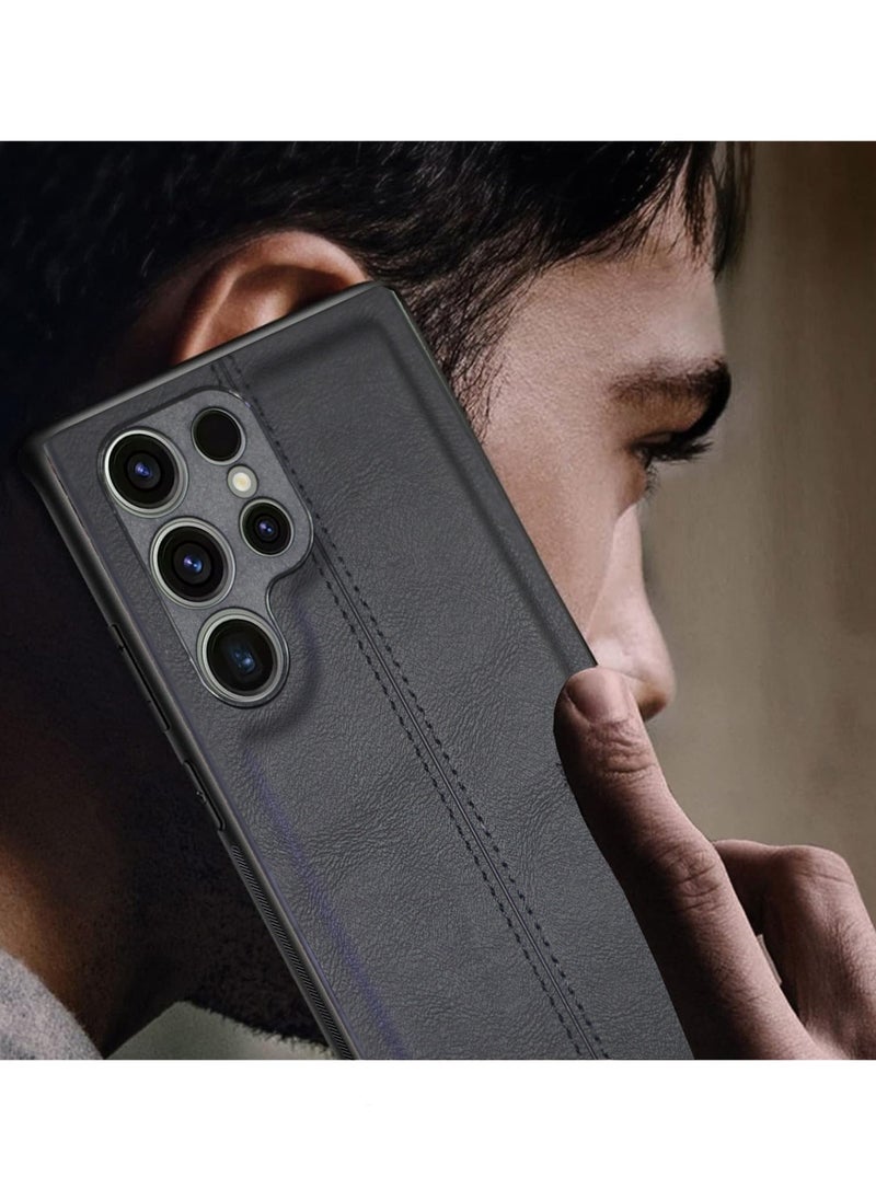 OMAKER - غطاء خلفي مقاوم للصدمات من الجلد الصناعي الفاخر لهاتف Samsung Galaxy S23 Ultra - أسود - Image 1
