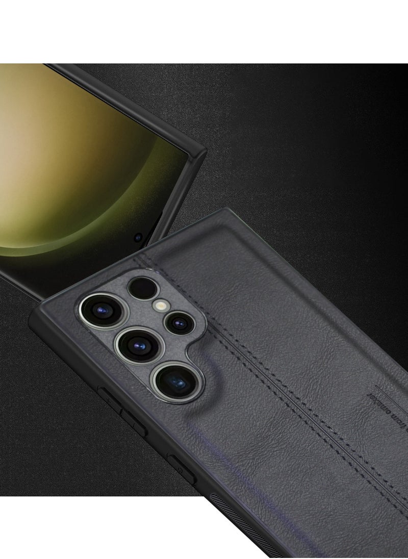 OMAKER - غطاء خلفي مقاوم للصدمات من الجلد الصناعي الفاخر لهاتف Samsung Galaxy S23 Ultra - أسود - Image 1