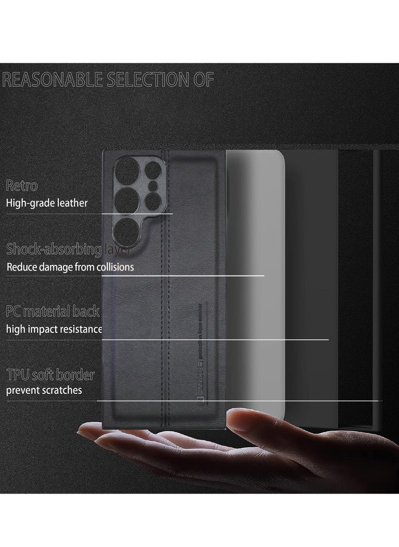 OMAKER - غطاء خلفي مقاوم للصدمات من الجلد الصناعي الفاخر لهاتف Samsung Galaxy S23 Ultra - أسود - Image 1
