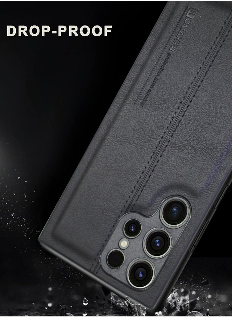 OMAKER - غطاء خلفي مقاوم للصدمات من الجلد الصناعي الفاخر لهاتف Samsung Galaxy S23 Ultra - أسود - Image 1