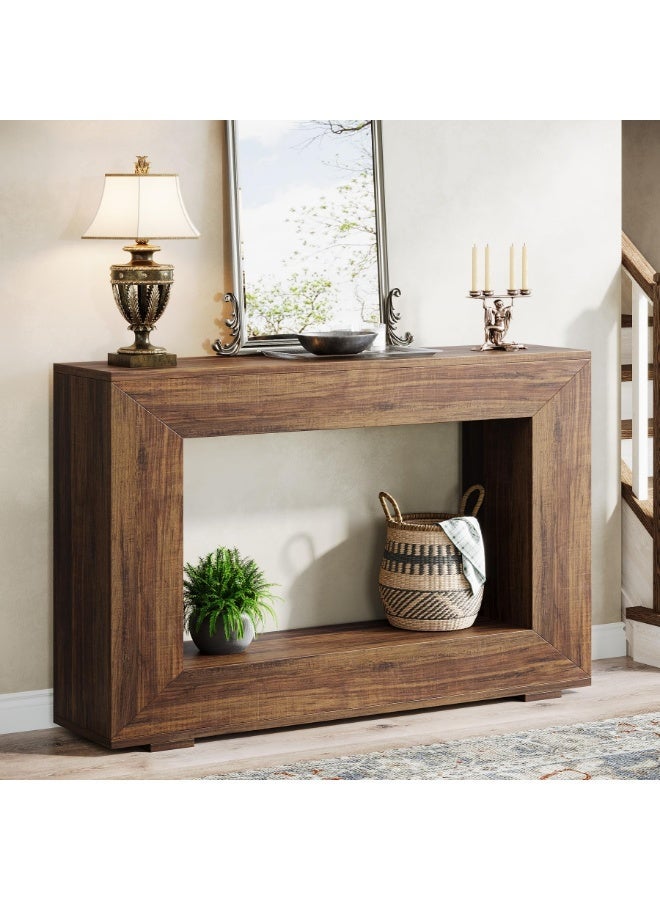 LITTLE TREE طاولة كونسول بطول 47.2"، طاولة مدخل من طراز المزرعة ذات طبقتين، طاولة مدخل ضيقة، طاولة ردهة، طاولة أريكة خشبية خلف الأريكة، طاولة كونسول مستطيلة (بني ريفي) - Image 1