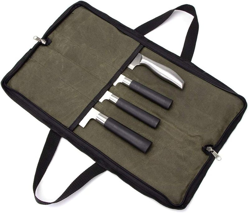 QEES Knife Roll,Heavy Duty Knife Bag,Waxed Canvas knife Case with 4 Slots for Knives & Kitchen Tools,Chef Knife Bag with Handle.Portable Knife Roll Bag for Stroage Home Traveling Camping.Case Knives Pouch - Image 1