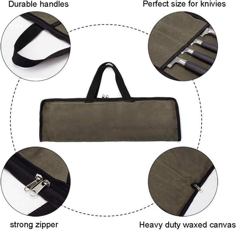 QEES Knife Roll,Heavy Duty Knife Bag,Waxed Canvas knife Case with 4 Slots for Knives & Kitchen Tools,Chef Knife Bag with Handle.Portable Knife Roll Bag for Stroage Home Traveling Camping.Case Knives Pouch - Image 2