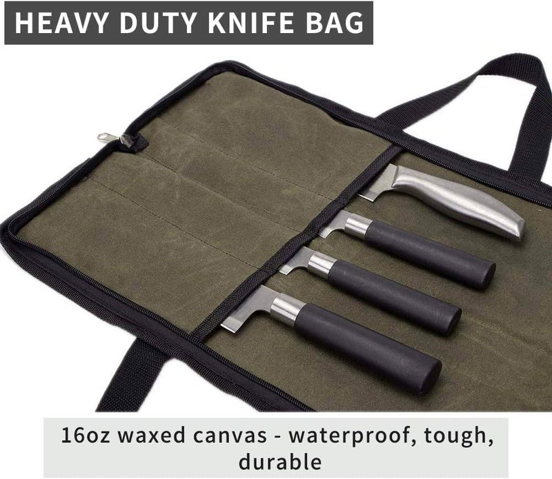 QEES Knife Roll,Heavy Duty Knife Bag,Waxed Canvas knife Case with 4 Slots for Knives & Kitchen Tools,Chef Knife Bag with Handle.Portable Knife Roll Bag for Stroage Home Traveling Camping.Case Knives Pouch - Image 5