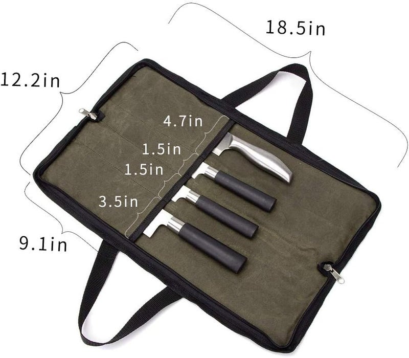 QEES Knife Roll,Heavy Duty Knife Bag,Waxed Canvas knife Case with 4 Slots for Knives & Kitchen Tools,Chef Knife Bag with Handle.Portable Knife Roll Bag for Stroage Home Traveling Camping.Case Knives Pouch - Image 4