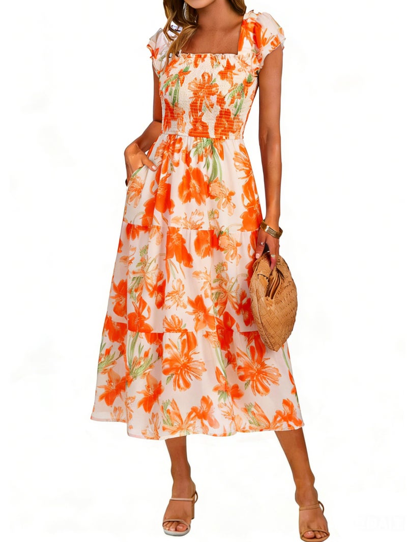 Simplee Women Floral Summer Midi Dress Beach Vacation Square Neck Spring Sun Dress A Line Chiffon Long Wedding Guest Dress 2026 (Orange Floral XL) - Image 1