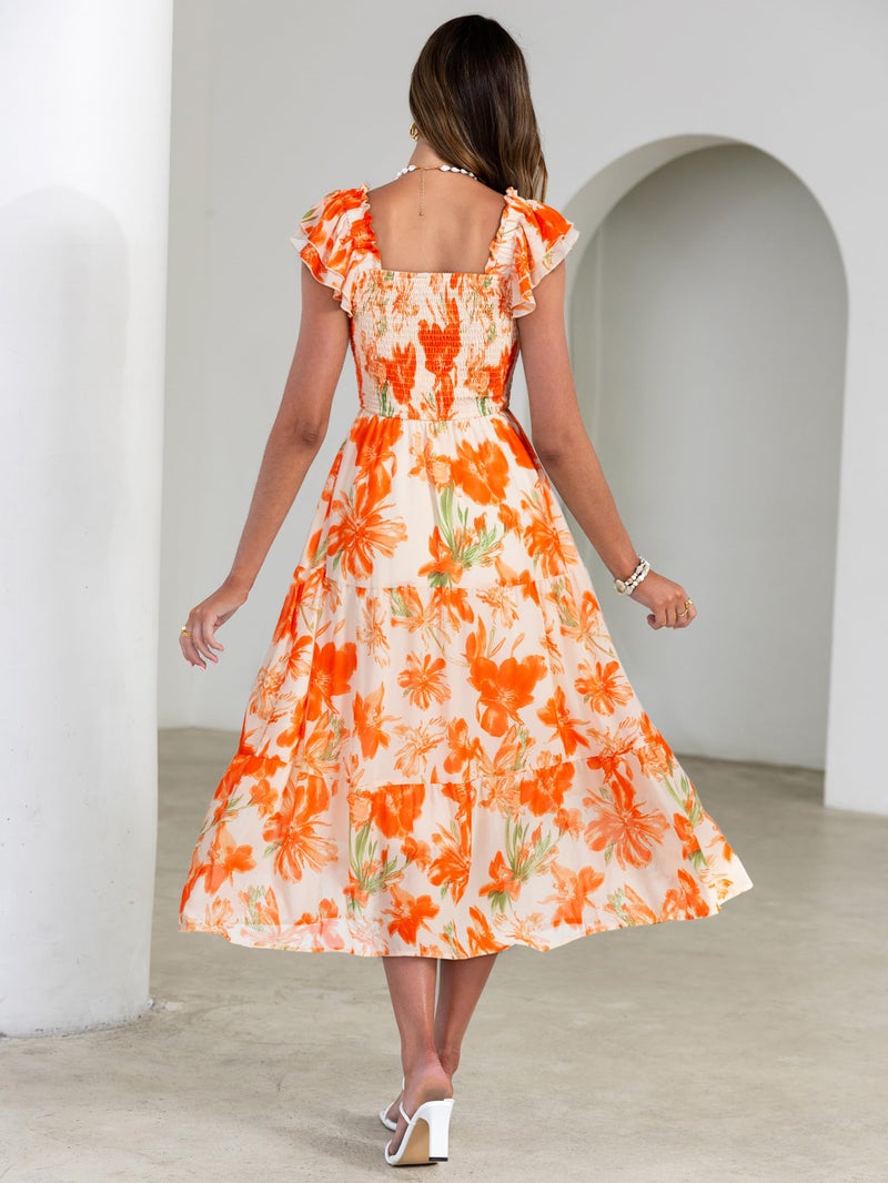 Simplee Women Floral Summer Midi Dress Beach Vacation Square Neck Spring Sun Dress A Line Chiffon Long Wedding Guest Dress 2026 (Orange Floral XL) - Image 5
