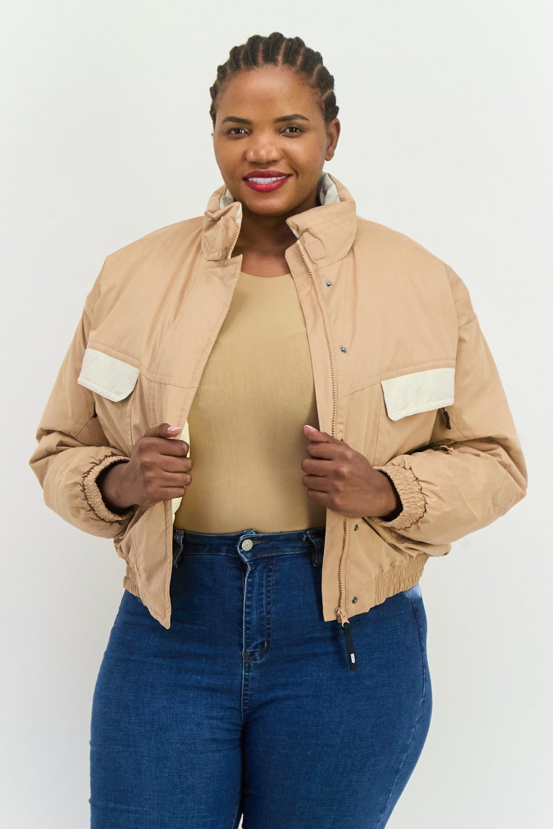 Asos 4505 Women Oversized Two-Tone Bomber Jacket, Soft Brown - Image 1