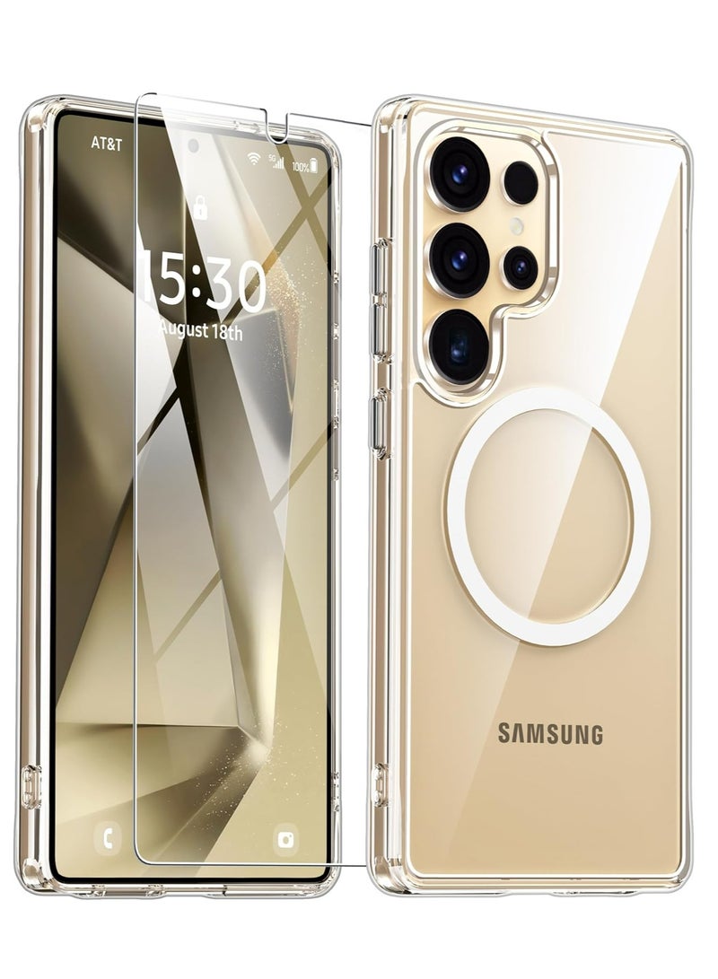 MIGOFAST Samsung Galaxy S25 Ultra Case Magnetic Crystal Clear 1 Pcs Tempered Glass Screen Protector Phone Case for S25 Ultra Case Clear
