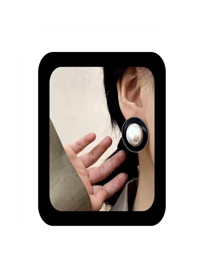 IRCOMULTI Vintage Pearl Black Enamel Earrings Large Round Pearl Stud Earrings Pearls Statement Earring Exaggerated Button Earring Jewelry for Women - Image 1