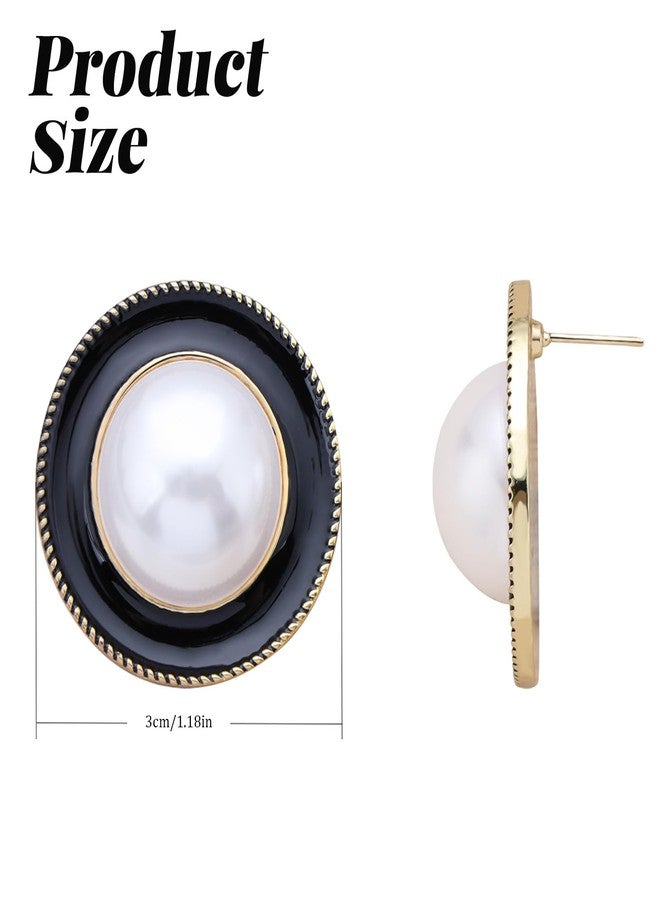 IRCOMULTI Vintage Pearl Black Enamel Earrings Large Round Pearl Stud Earrings Pearls Statement Earring Exaggerated Button Earring Jewelry for Women - Image 5