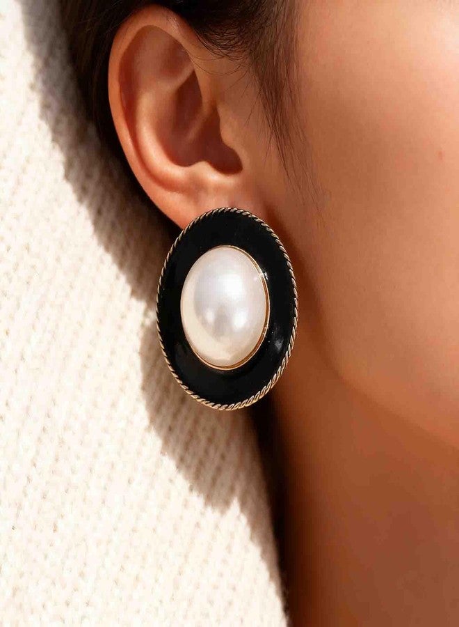 IRCOMULTI Vintage Pearl Black Enamel Earrings Large Round Pearl Stud Earrings Pearls Statement Earring Exaggerated Button Earring Jewelry for Women - Image 3