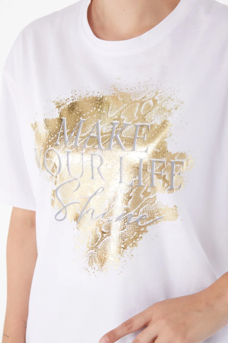 Tofisa Plain Crew Neck Women's White Short Sleeve Printed T-Shirt - 25980