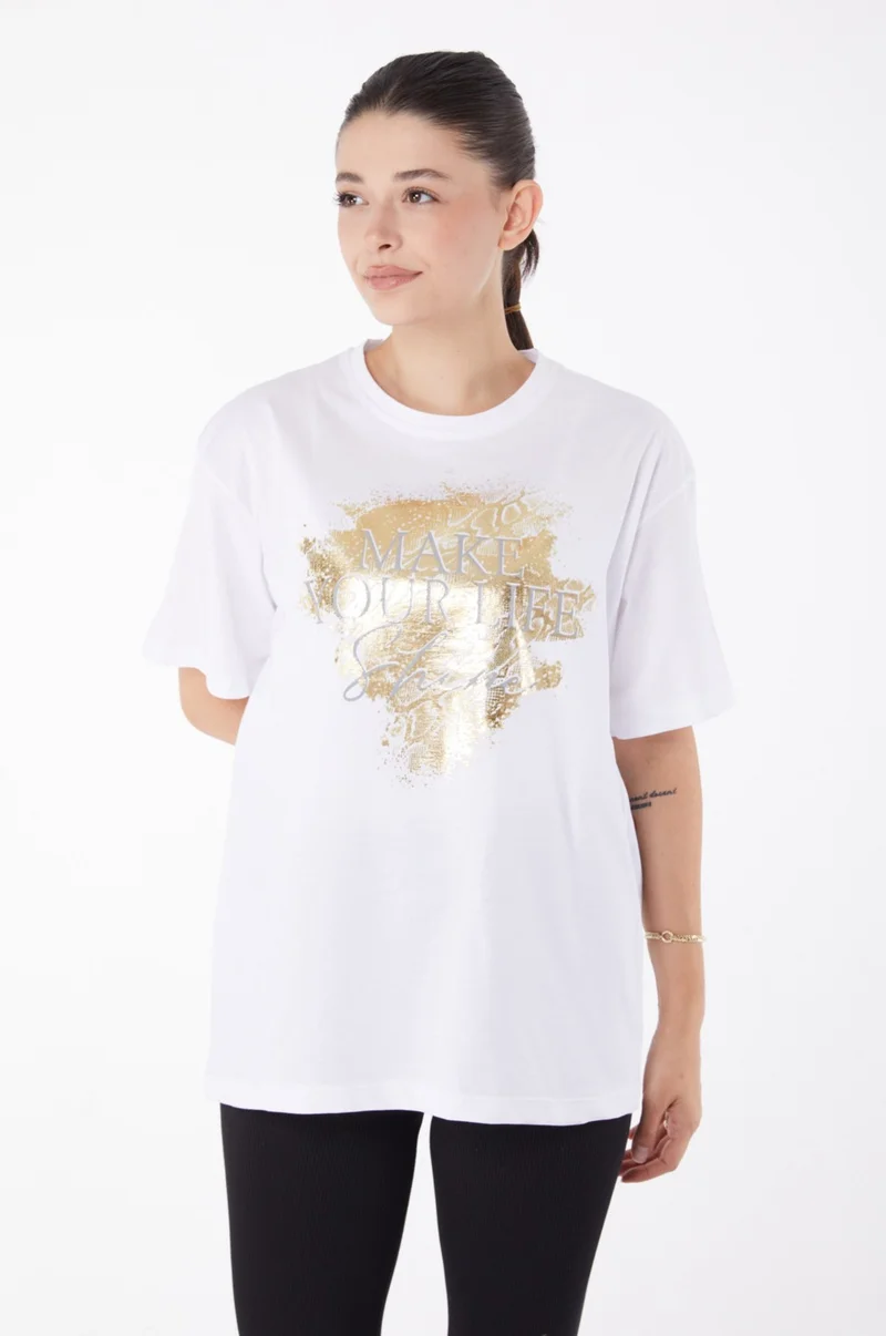 Tofisa Plain Crew Neck Women's White Short Sleeve Printed T-Shirt - 25980