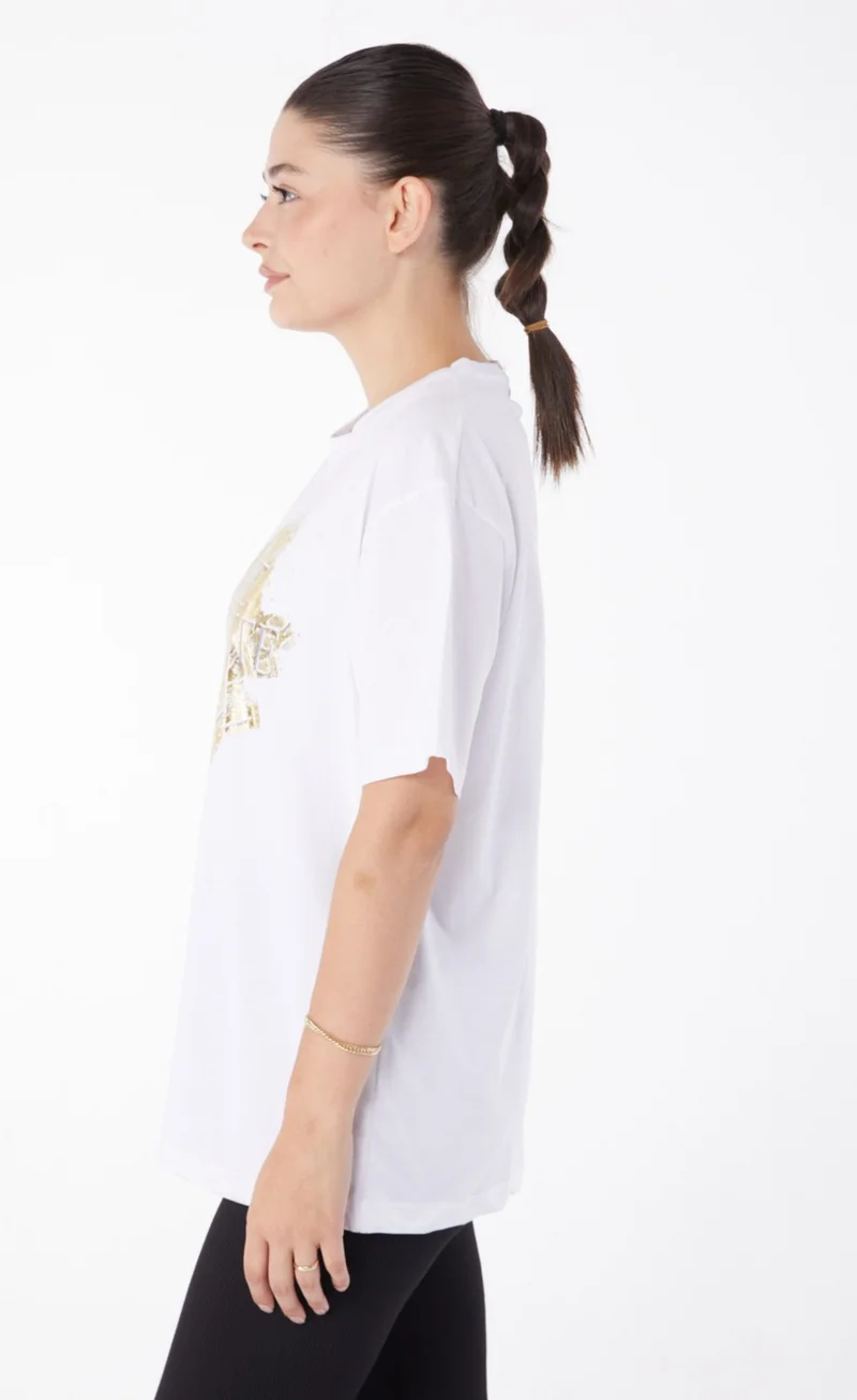 Tofisa Plain Crew Neck Women's White Short Sleeve Printed T-Shirt - 25980