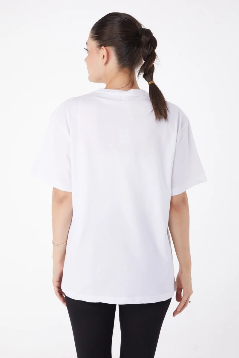 Tofisa Plain Crew Neck Women's White Short Sleeve Printed T-Shirt - 25980