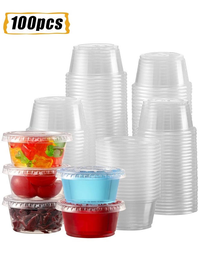 هومستر 100 مجموعات - 2 أوقية قابلة للتصرف من البلاستيك جيلو شوت أكواب ، حاويات بلاستيكية صغيرة مع الأغطية ، كؤوس جزء مضادة للهواء والقابلة للتراكم ، حاوية خلع السلطة ، أكواب الصلصة الغمر ، أكواب التوابل - Image 1