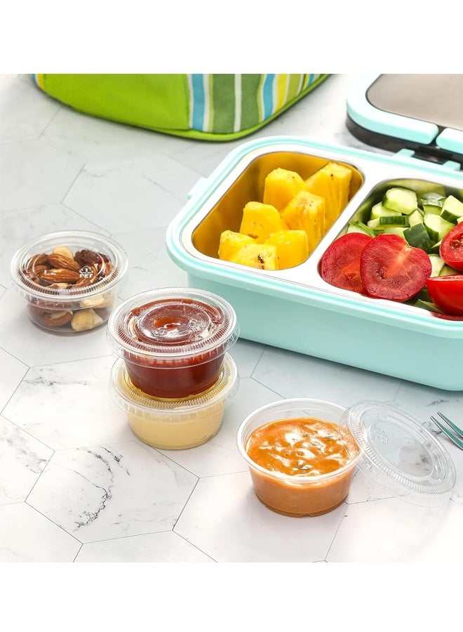 هومستر 100 مجموعات - 2 أوقية قابلة للتصرف من البلاستيك جيلو شوت أكواب ، حاويات بلاستيكية صغيرة مع الأغطية ، كؤوس جزء مضادة للهواء والقابلة للتراكم ، حاوية خلع السلطة ، أكواب الصلصة الغمر ، أكواب التوابل - Image 5