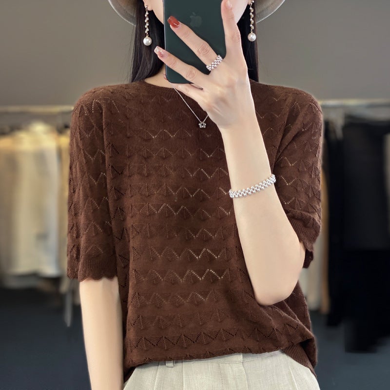 Z-Line Ready-To-Wear Fine Wool Short-Sleeve T-Shirt For Women, New Summer Style, Round Neck, Hollow-Out, Thin Top, Stylish Base Shirt - Image 1