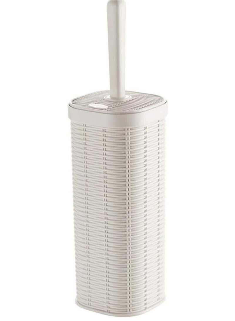 فرشاة تنظيف المرحاض مع حامل، بتصميم منسوج من الروطان البلاستيكي (لون كريمي)، مقاومة للصدأ والتسريب والروائح، مزودة بغطاء، منظف صحي للمرحاض ذو مقبض طويل للتنظيف العميق - Image 1