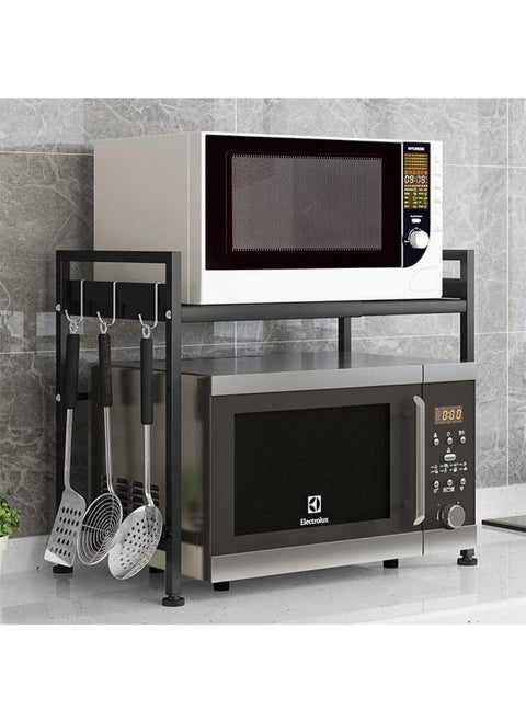 2-Tier Microwave Stand Expandable and Adjustable Height, Countertop Microwave Oven Rack with 3 Hooks, Black, Carbon Steel