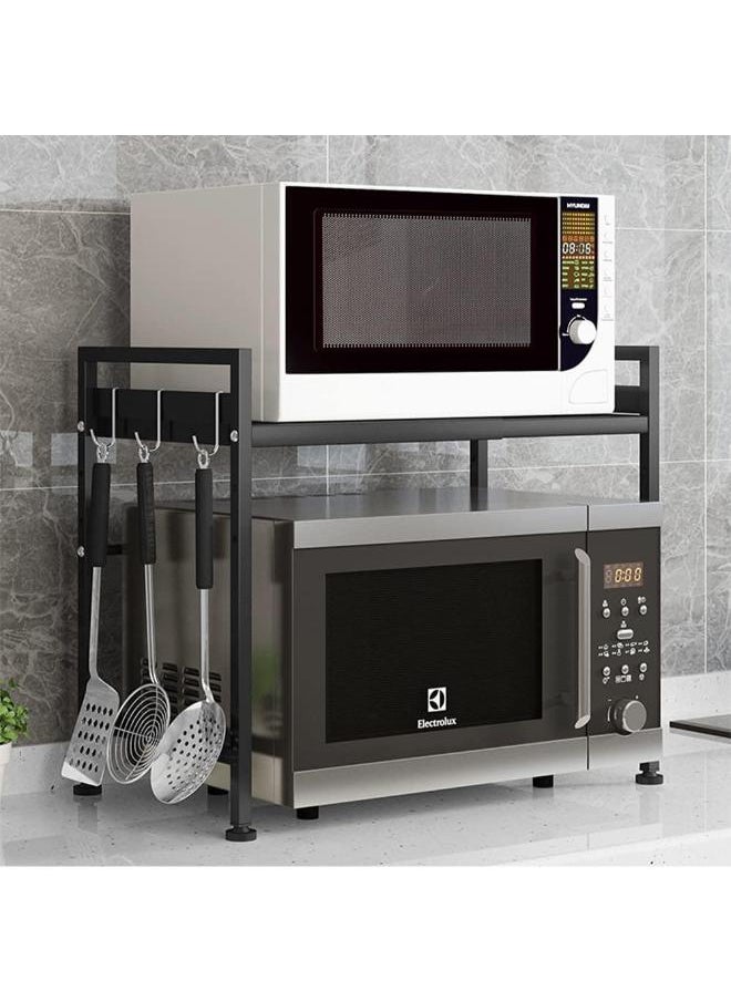 2-Tier Microwave Stand Expandable and Adjustable Height, Countertop Microwave Oven Rack with 3 Hooks, Black, Carbon Steel