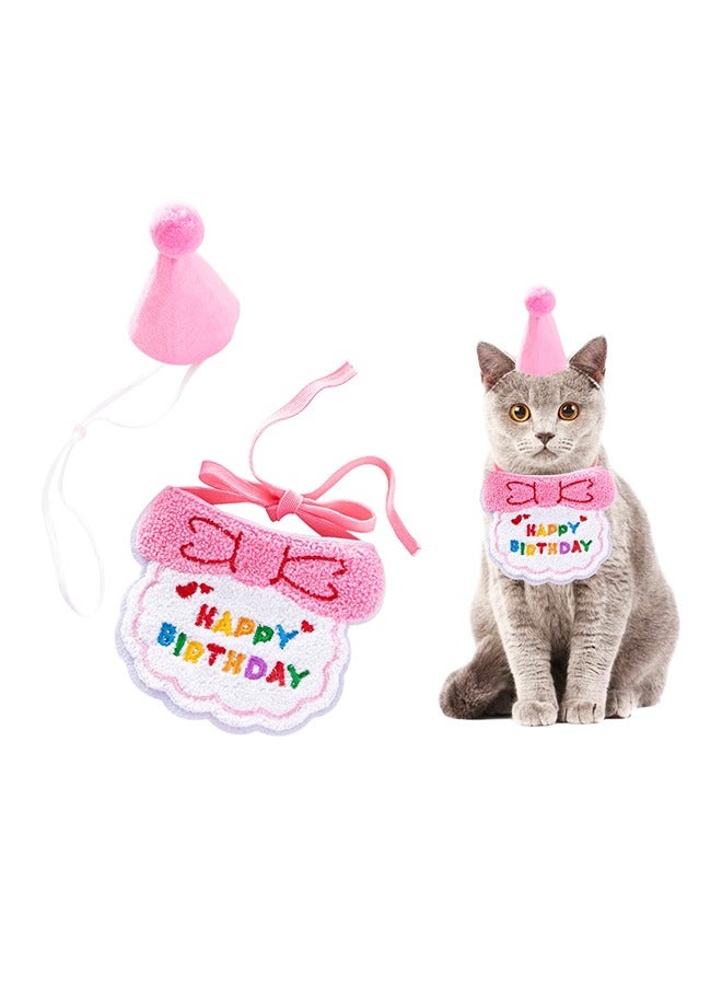 2 PCS Cat Birthday Hat Cat Costume Accessories Pink Cat Birthday Gift Decorations Set with Soft Scarf Adorable Hat  - Image 1