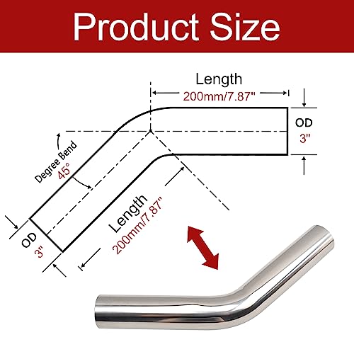 BIGREAT OD 3'' Inch (76MM) 45 Degree Bend Elbow Stainless Steel Turbocharger Pipe Tube Intercooler Pipe High Class Brushed Treatment Air Intake Tube Pipe Polished Universal-2PCS - Image 2