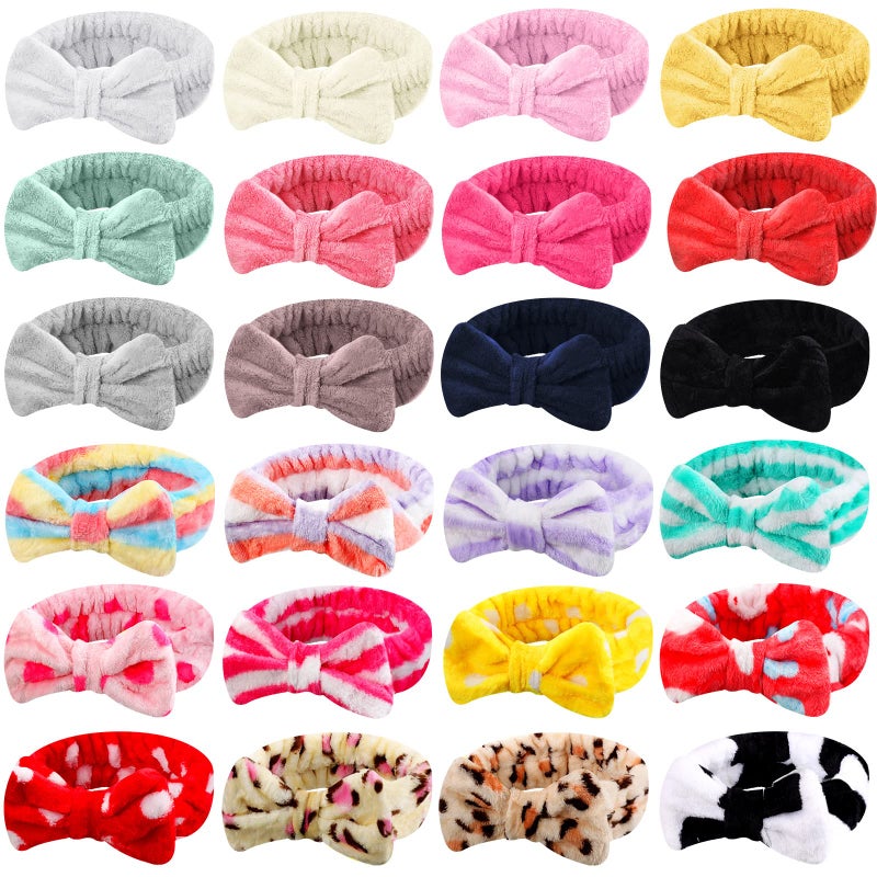 WILLBOND 24 Pieces Spa Headband Bow Hairband Facial Makeup Women Face Wash Adjustable Skincare Headbands Bulk Soft Flannel Towel Head Wraps for Women Shower Washing Face (Stylish) - Image 1