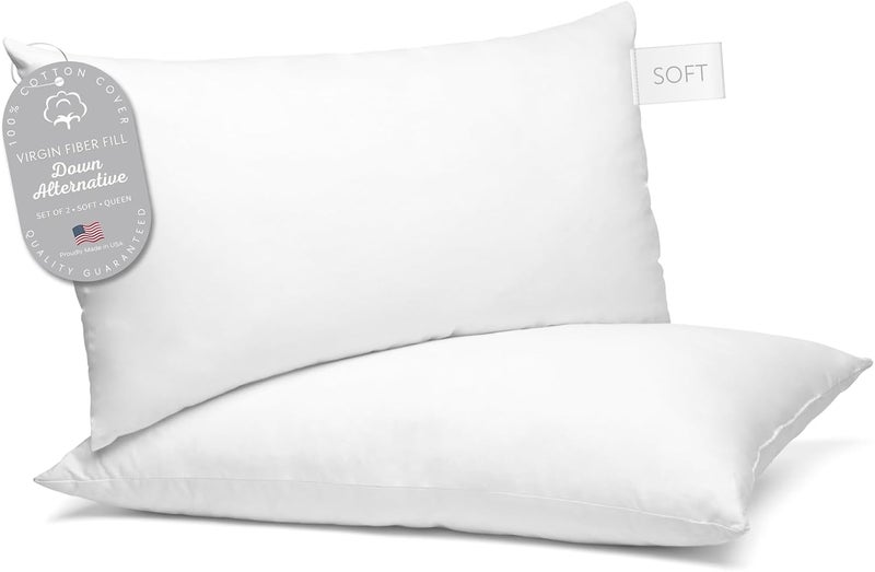 Digital Decor Set of 2 100% Cotton Hotel Pillows - Made in USA Hypoallergenic Pillows with Down Alternative Fiber Fill for Side & Back Sleepers - Three Comfort Levels - (Queen, Silver/Soft) - Image 1