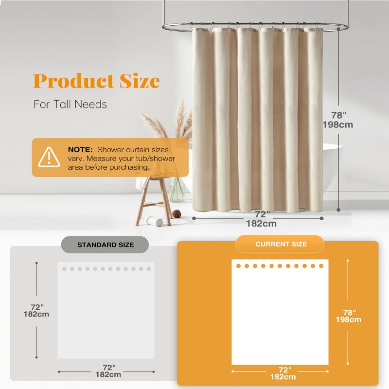 BTTN Long Fabric Shower Curtain, 78 Inch Linen Textured Heavy Duty Polyester Cloth Shower Curtain Set with 12 Plastic Hooks, Hotel Luxury Waterproof Shower Curtains for Bathroom - 72"x78", Beige/Cream - Image 3