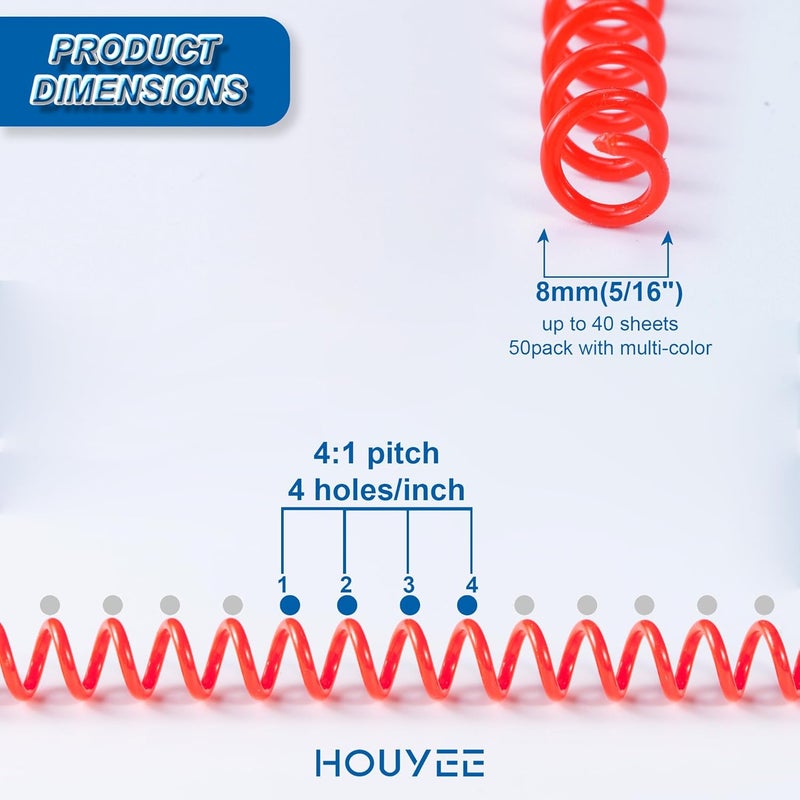 HOUYEE Store 50 حزمة من لفائف الربط البلاستيكية الحلزونية، 8 مم (5/16"), سعة 40 ورقة، 4:1 تباعد، 48 حلقة، لفائف ملونة لحجم الرسالة (أزرق، أسود، أحمر، شفاف) - Image 2