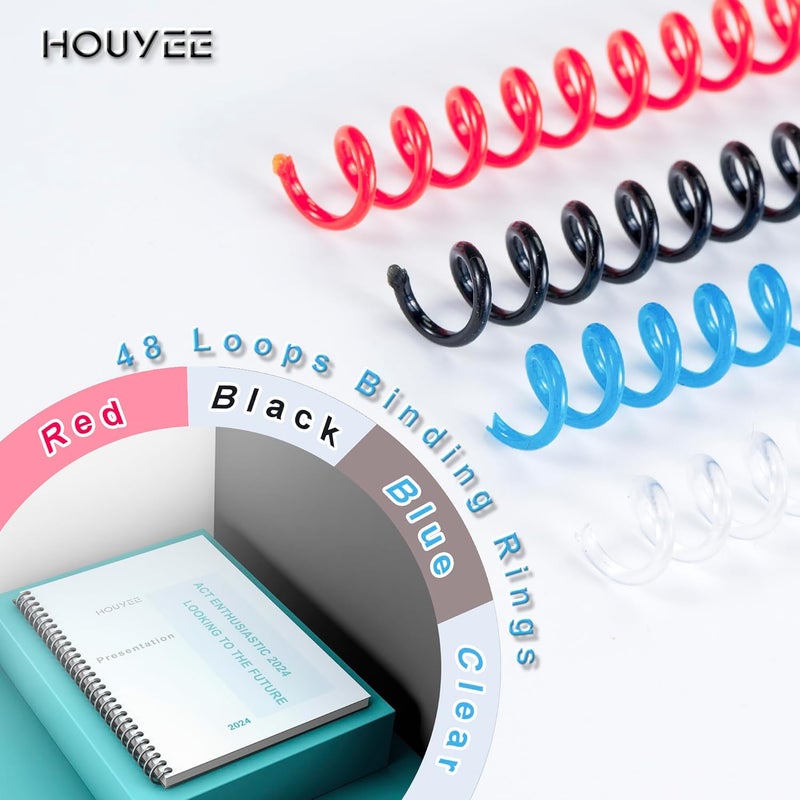 HOUYEE Store 50 حزمة من لفائف الربط البلاستيكية الحلزونية، 8 مم (5/16"), سعة 40 ورقة، 4:1 تباعد، 48 حلقة، لفائف ملونة لحجم الرسالة (أزرق، أسود، أحمر، شفاف) - Image 3
