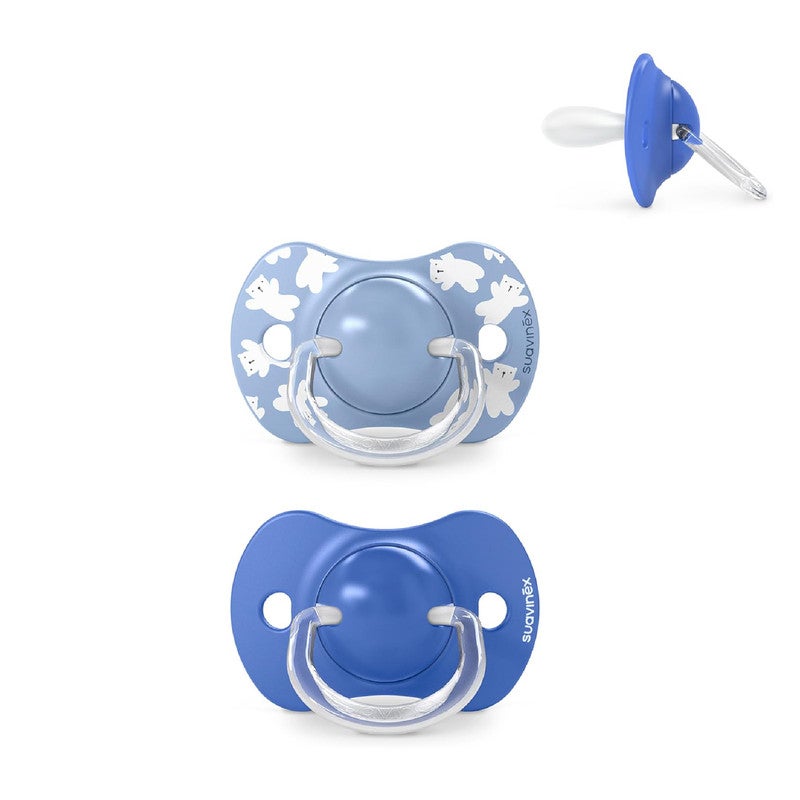 SUAVINEX سوفينكس، عبوة من 2 مصاصة للأطفال من 6 إلى 18 شهرًا، بحلمة سيليكونية فسيولوجية SX Pro متناسقة، مسطحة ومرنة، تحترم التطور الفموي، وايلد&فري أزرق - Image 1