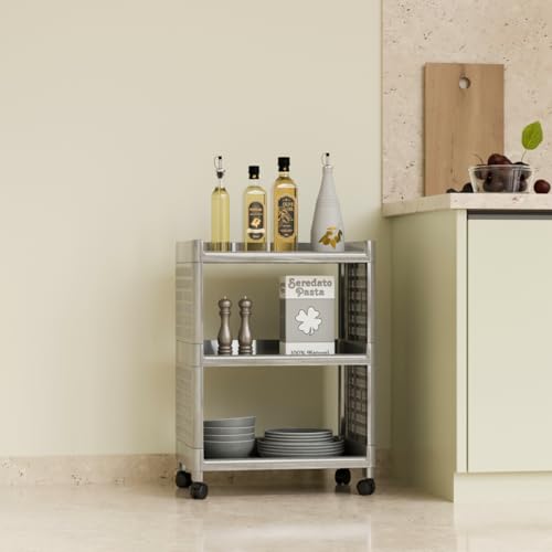 Biltoxi Multi-Purpose Trolley, Rolling Storage Rack, Plastic Storage Cart, Wheeled Organizer Stand Ideal for Kitchen, Office and Bathroom Organization (3 Layer, Silver) - Image 1