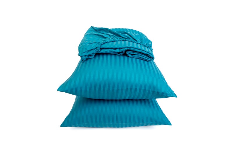 Striped Fitted Sheet Set - Fine Quality Hotels and Home Décor - 1 Fitted Sheet 120cm * 200cm + 2 Pillow Cases 50cm * 70cm - Matresses Up to 30cm - Brushed Cotton - Teal