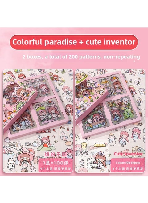 100 Non-repeating Cartoon Cute Hand Account Stickers Net Red Girl's Heart Hand Account Decoration Material Paper Stickers-Color:[cost-effective] Colorful + Inventing 200 Sheets In Box