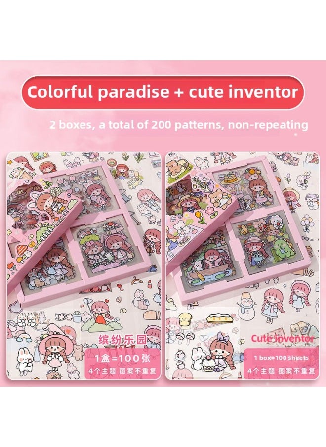 null - 100 Non-repeating Cartoon Cute Hand Account Stickers Net Red Girl's Heart Hand Account Decoration Material Paper Stickers-Color:[cost-effective] Colorful + Inventing 200 Sheets In Box - Image 1