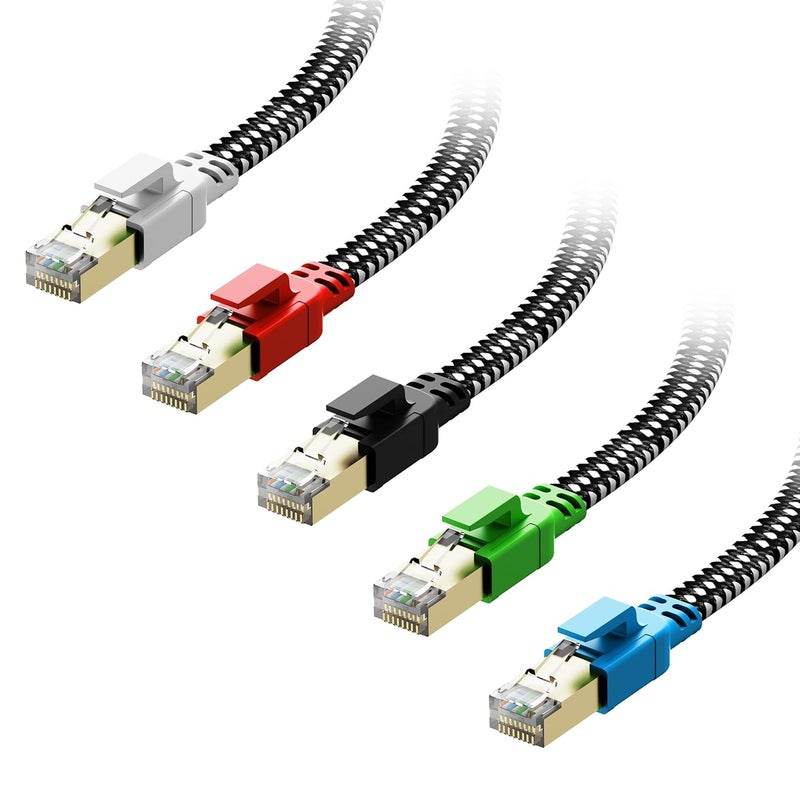 Orbram Cat 8 Ethernet Cable 7 ft 5 Pack Multi Color, Nylon Braided High Speed Heavy Duty Network LAN Patch Cord, 40Gbps 2000Mhz RJ45 Flat Internet Cable Shielded in Wall, Indoor&Outdoor for Modem/Router/PC - Image 1