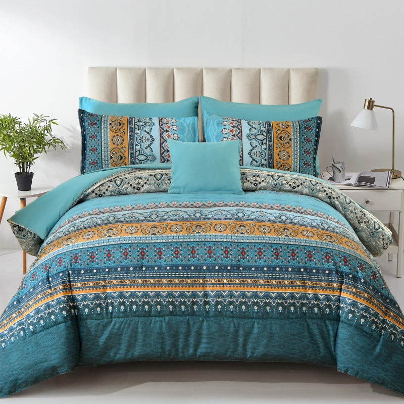 Cottolester Boho Queen Comforter Set 8 PiecesTeal and Yellow Bohemian Comforter Paisley Striped Bed in A BagSoft Microfiber Bedding Set for All Season
