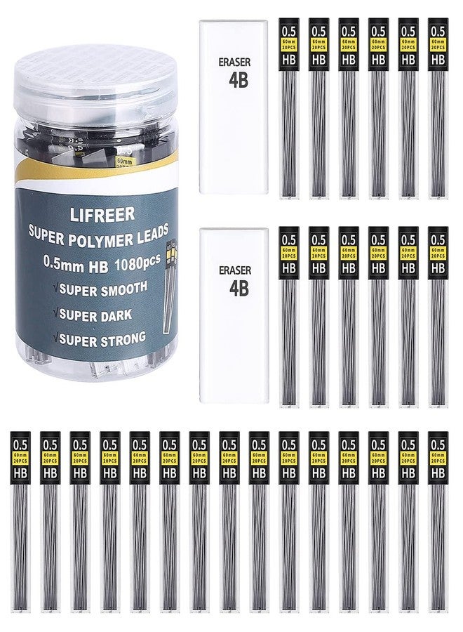 Lifreer 0.5 Lead Refills (1080 Pcs), Unbreakable 0.5 mm Lead Refills and 2 Premium Erasers, Long Lasting HB Pencil Lead 0.5 Refill,Mechanical Pencil Lead 0.5mm for Students & Professionals - Image 1