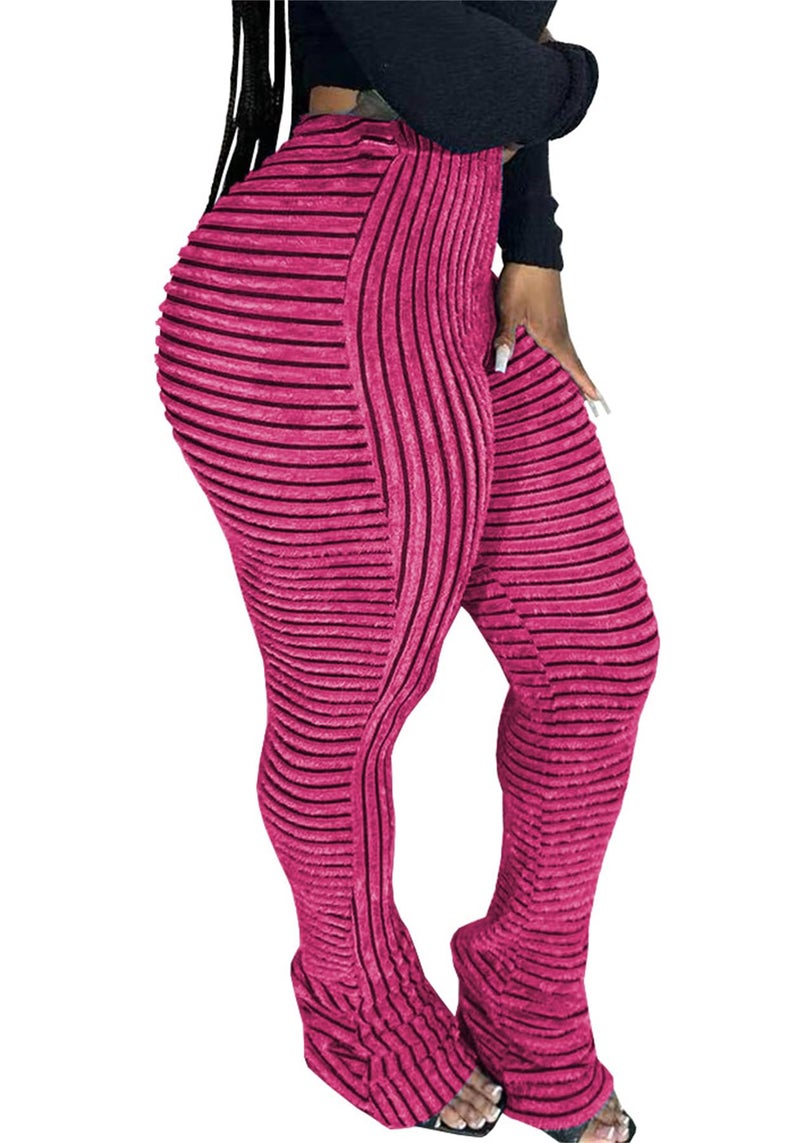 YOOTIKO Women Stacked Pants Flare Sweatpants Y2K High Waisted Fuzzy Pj Stripe Bell Bottom Leggings Rose - Image 1