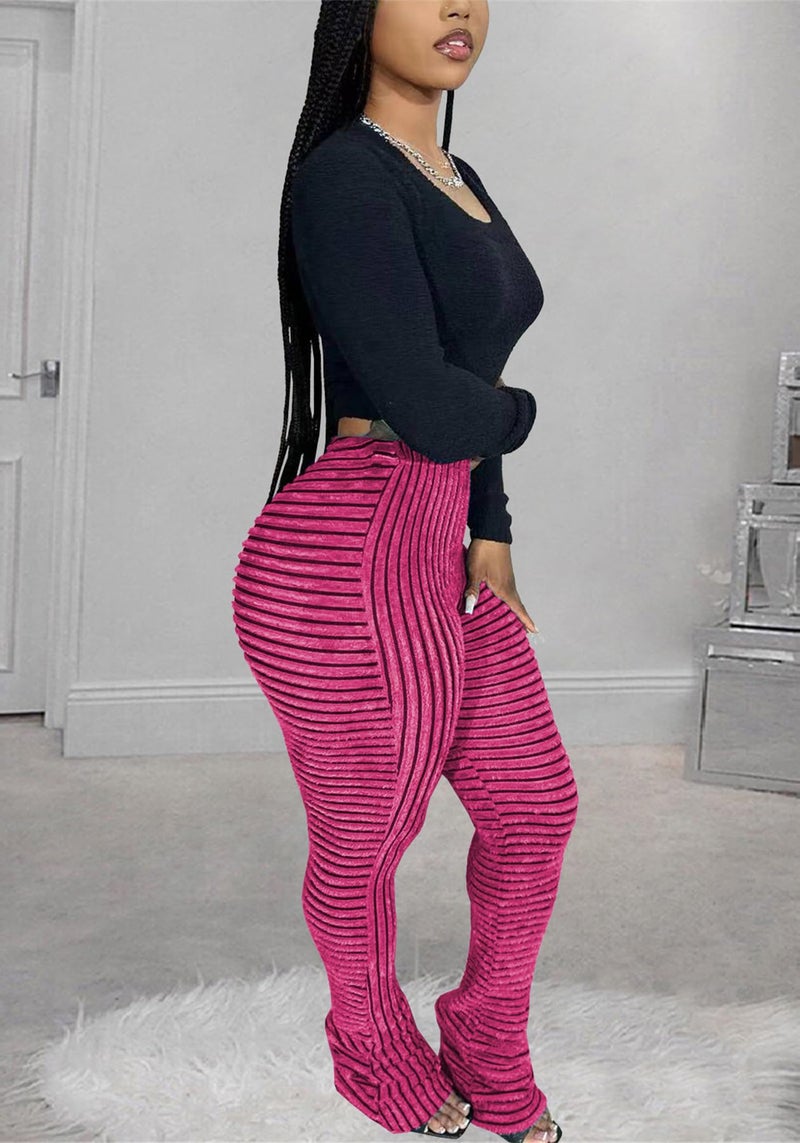 YOOTIKO Women Stacked Pants Flare Sweatpants Y2K High Waisted Fuzzy Pj Stripe Bell Bottom Leggings Rose - Image 2