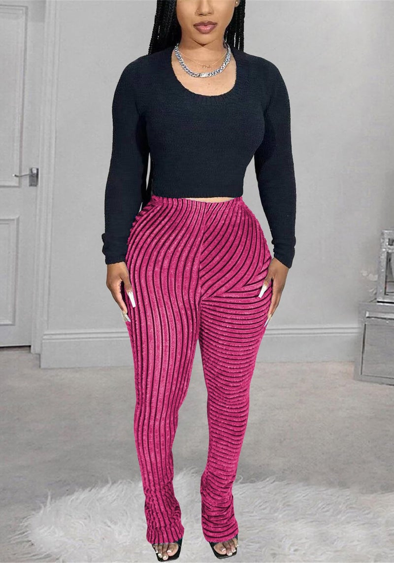 YOOTIKO Women Stacked Pants Flare Sweatpants Y2K High Waisted Fuzzy Pj Stripe Bell Bottom Leggings Rose - Image 4