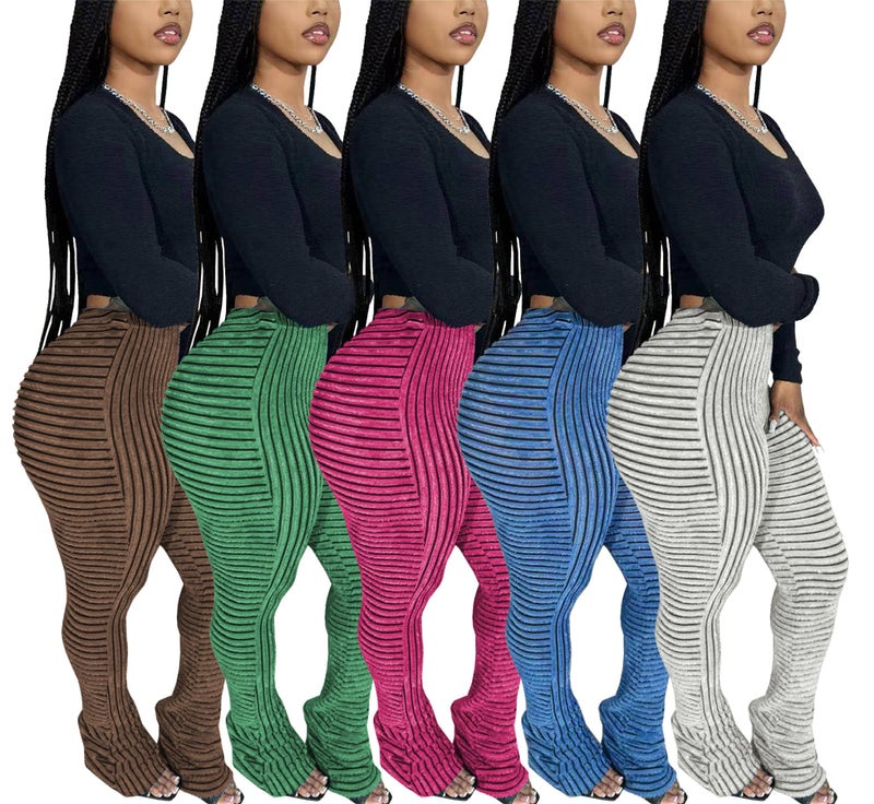 YOOTIKO Women Stacked Pants Flare Sweatpants Y2K High Waisted Fuzzy Pj Stripe Bell Bottom Leggings Rose - Image 5