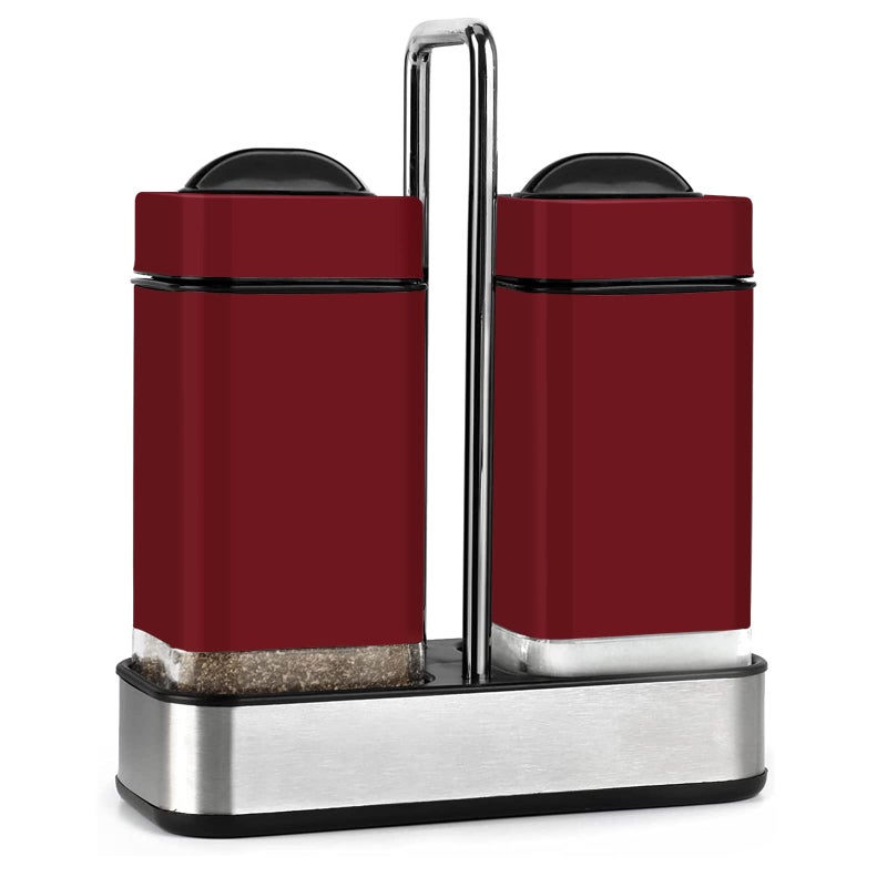 Aelga Red Salt and Pepper Shakers Set with Holder, Salt Shaker with Adjustable Pour Holes, Stainless Steel Refillable Spice Dispenser by Aelga - Image 1