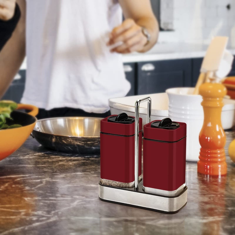 Aelga Red Salt and Pepper Shakers Set with Holder, Salt Shaker with Adjustable Pour Holes, Stainless Steel Refillable Spice Dispenser by Aelga - Image 5
